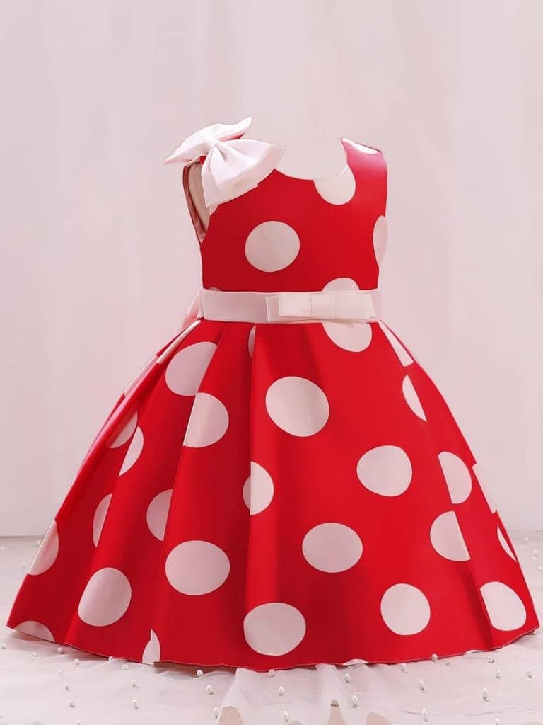 Buy & Try Girl's Satin Polka Dot Printed Frock Dress for Kids. view 10