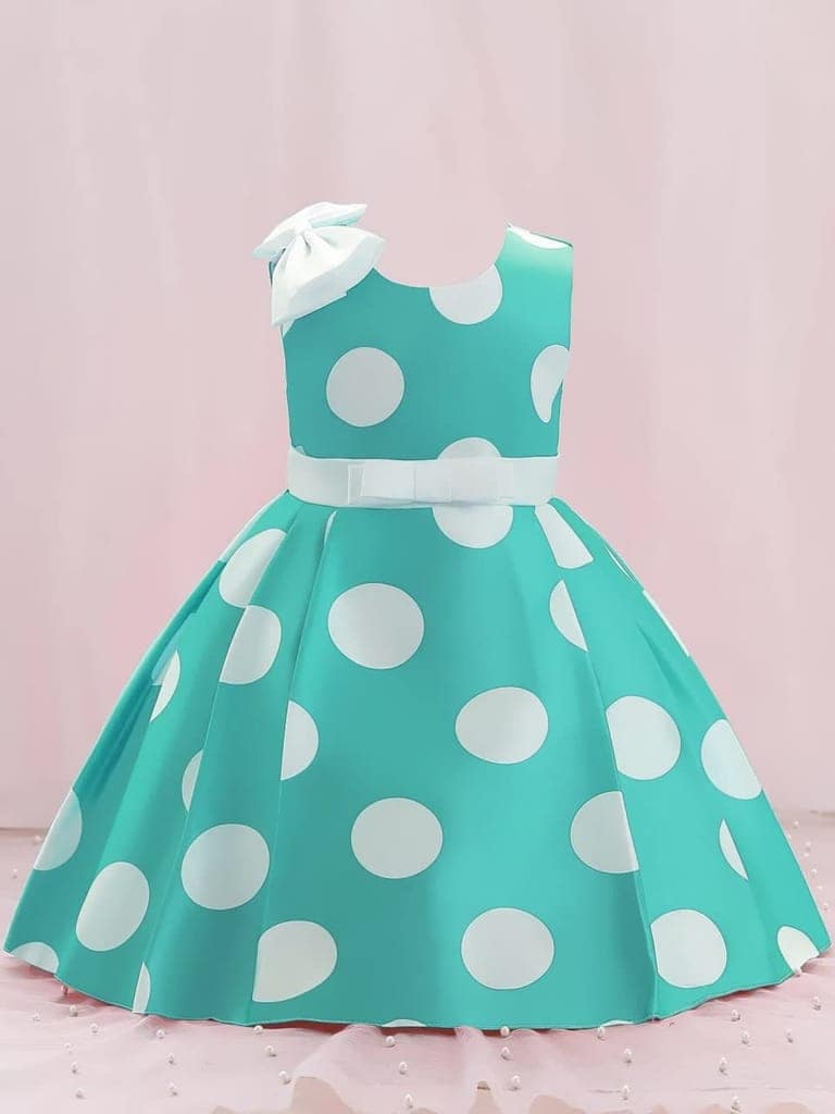 Buy & Try Girl's Satin Polka Dot Printed Frock Dress for Kids. view 7