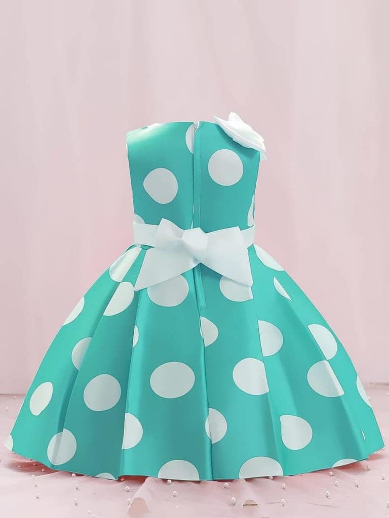 Buy & Try Girl's Satin Polka Dot Printed Frock Dress for Kids. view 8
