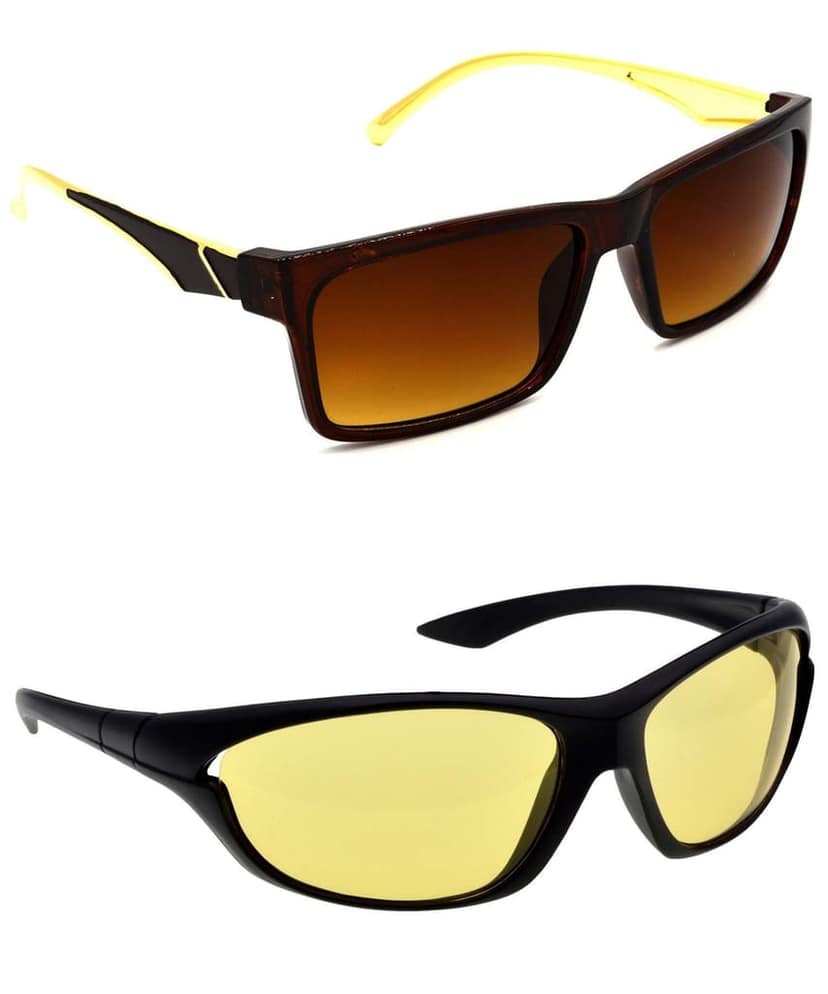 HRINKAR Unisex Rectangular Sunglasses Golden & Black Frame, Brown & Yellow Lens (Medium) - Pack of 2