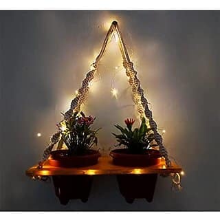 Khush Its Amazing Plant Macrame Hanger Shelf Indoor Hanging Planter Shelf Plant Hanger Shelf Boho Home Decor Cotton Rope with LED Light (Yellow)