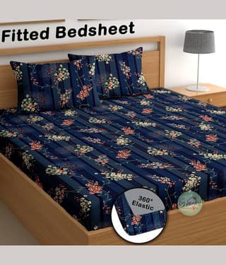 CG HOMES Microfibre 1 Double Fitted Bedsheet with 2 Pillow Covers ( 220 cm x 220 cm ) , Navy Blue