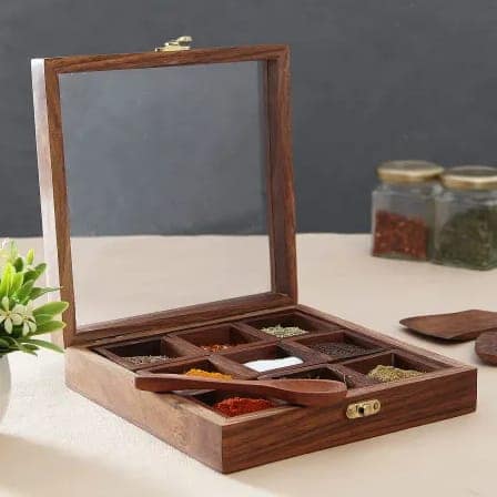 Homefrills Square Spice Box with Spoon in Sheesham Wood Multi-Utility Storage,Masala Dabba,Spice Rack,Masala box,Masala Spice Jars Container for Kitchen (9 Containers, Removable, Brown) view 2