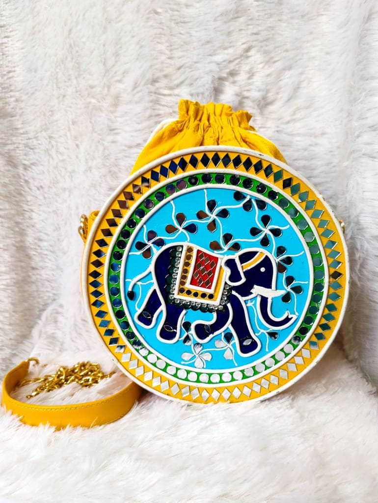 Indie Elephant Lippan Art Handcrafted Potli Bag with Sling view 3