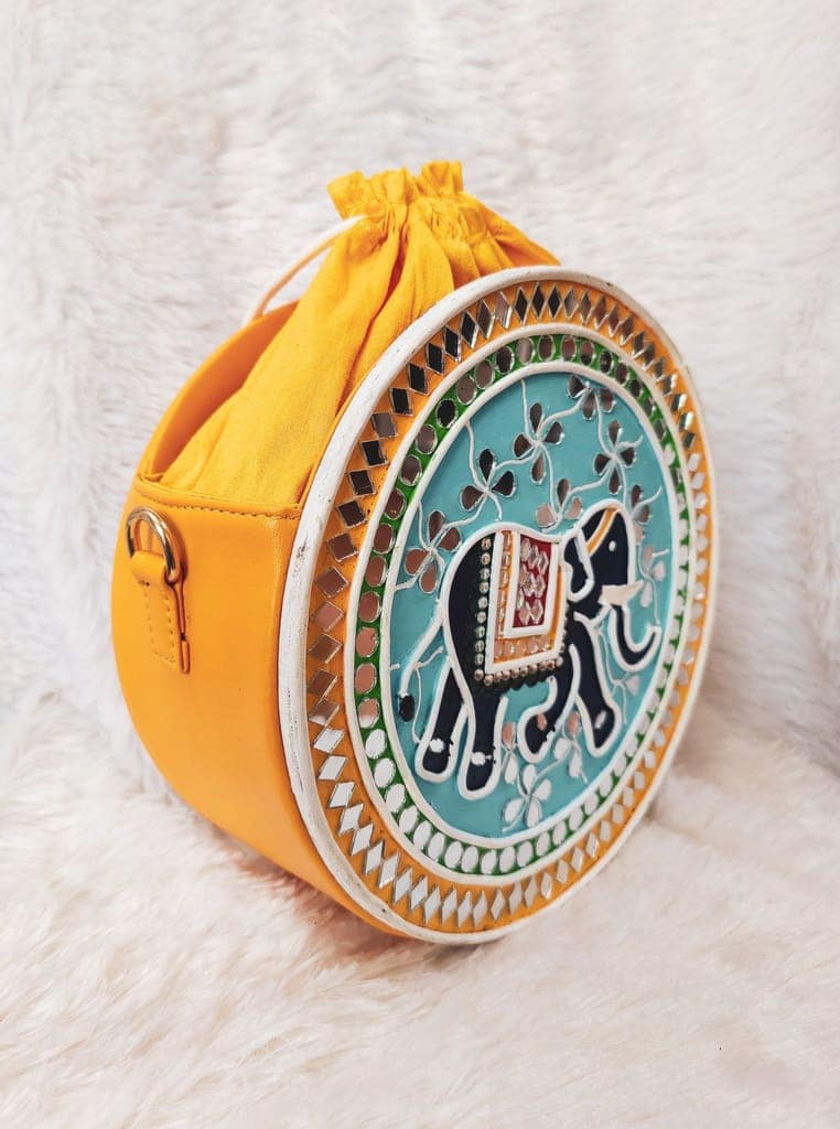 Indie Elephant Lippan Art Handcrafted Potli Bag with Sling view 4