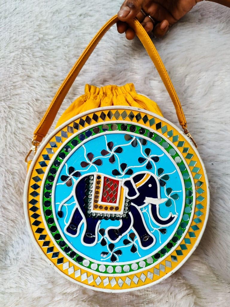 Indie Elephant Lippan Art Handcrafted Potli Bag with Sling view 5