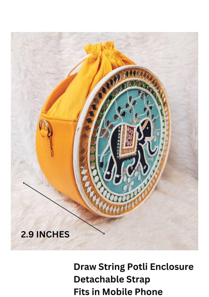 Indie Elephant Lippan Art Handcrafted Potli Bag with Sling view 6