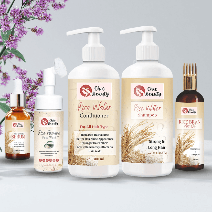 Chic Beauty Rice Water Combo Kit for Strong Root and Long Hair (Rice Bran Hair oil 100ML + Rice Foaming Face Wash with Built-in Silicone Brush 150ml + Rice Water Shampoo 300ml + Rice Water Conditioner 300ml + Hair Growth Serum 30ML)