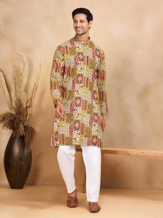KRAFT INDIA Men's Rayon Ethnic Motif Printed Regular Straight Kurta With Elastic Waistband White Pyjama Set