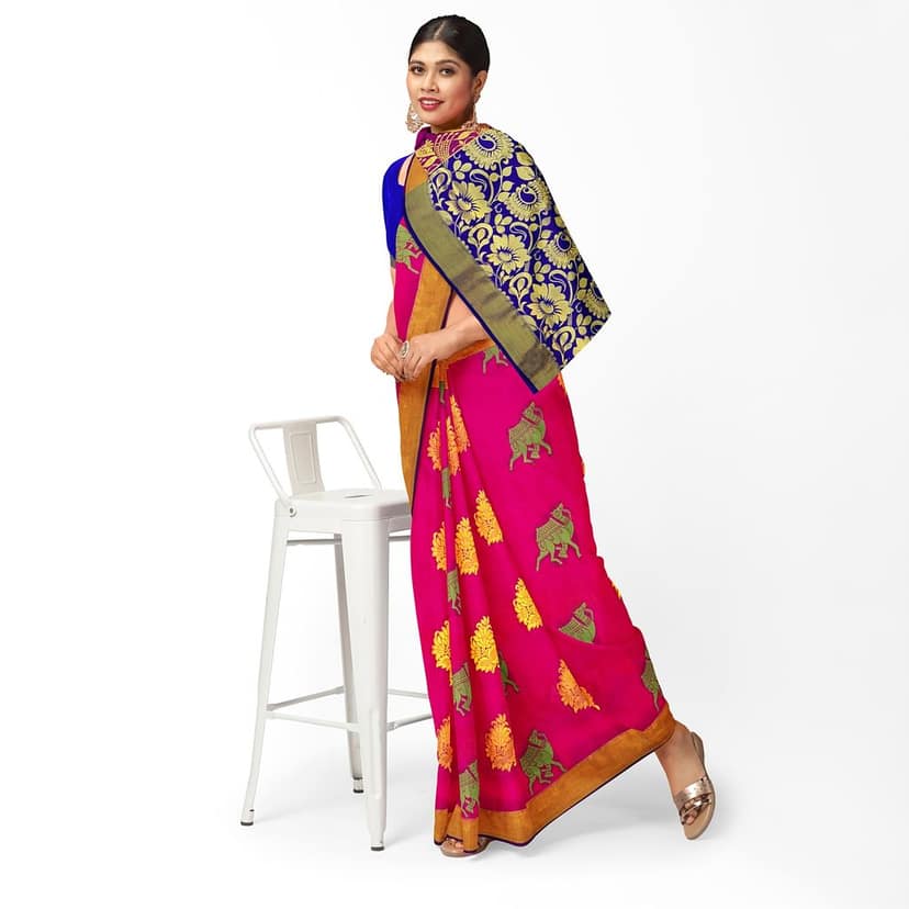 Dark Pink Color Mixed Soft Silk Saree with Unstitched Blouse view 2