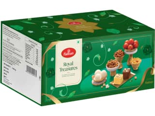 Haldiram's Royal Treasures Gift Hamper- 200g Panchratan, Bhakarwadi, 500g Rasgulla, Gulab Jamun, 250g Soan Papdi, Chocolate Soan Papdi & 35g Kaju