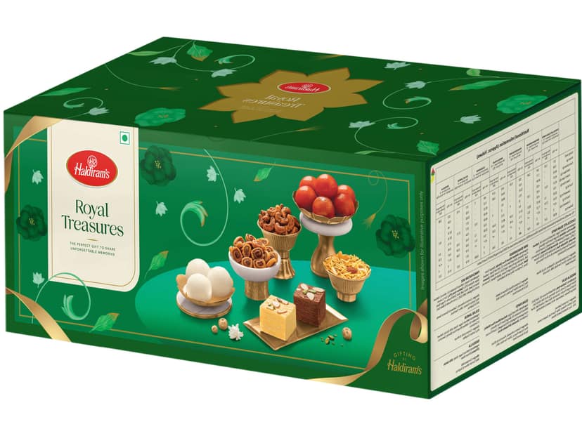 Haldiram's Royal Treasures Gift Hamper- 200g Panchratan, Bhakarwadi, 500g Rasgulla, Gulab Jamun, 250g Soan Papdi, Chocolate Soan Papdi & 35g Kaju view 2