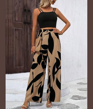 COOL AND CASUAL Women Printed Top With Palazzos Co-Ord Set ( Coffee )