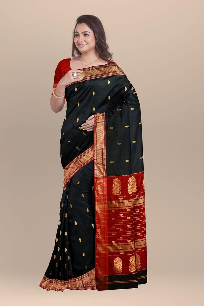 Black Carry Buti Handwoven Sausar Silk Saree with Zari Border and Carry Buta Marron Palla Saree SKU-BS10122