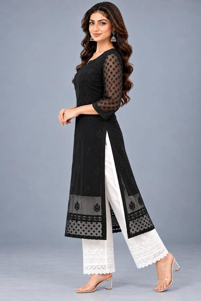 Handcrafted Lucknowi Chikankari Embroidered Fox Georgette Long Kurta with Sheer Floral Sleeves, Back Embroidery & Decorative Lace Border, 46 Inch Length view 3