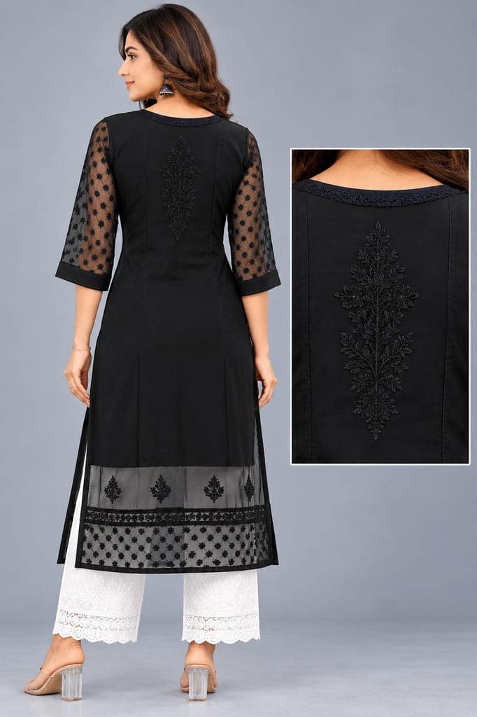 Handcrafted Lucknowi Chikankari Embroidered Fox Georgette Long Kurta with Sheer Floral Sleeves, Back Embroidery & Decorative Lace Border, 46 Inch Length view 4