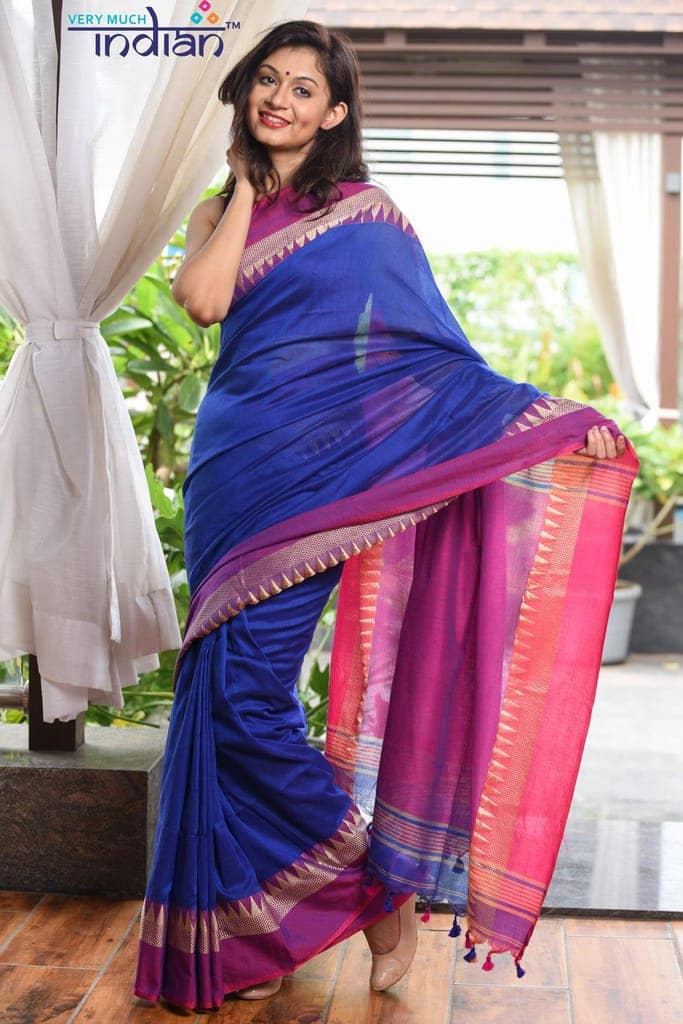 Handloom Soft Cotton Royal Blue Weave with Purple Border view 2