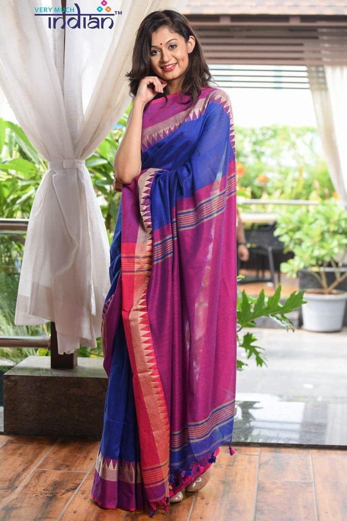 Handloom Soft Cotton Royal Blue Weave with Purple Border view 3