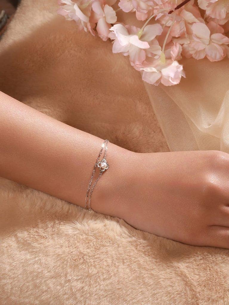 925 Sterling Silver Zircon & Pearl Embellished Floral Layered Wraparound AdjustableBracelet view 2