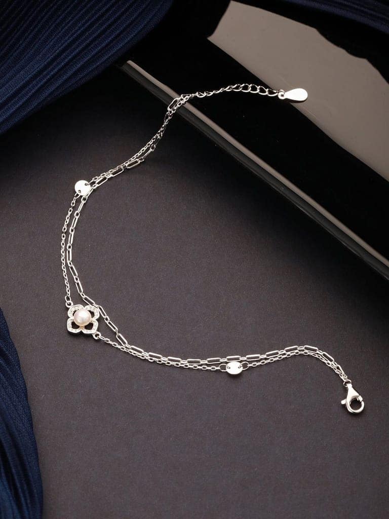 925 Sterling Silver Zircon & Pearl Embellished Floral Layered Wraparound AdjustableBracelet view 9