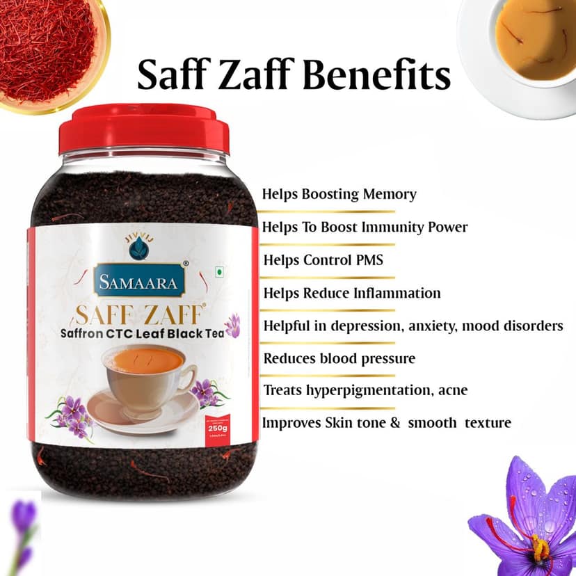 Jivvij Samaara Saffron Black Tea | Flavoured CTC Assam Black Leaf Tea | Kesar Chai Patti Powder | Saff Zaff Jar view 4