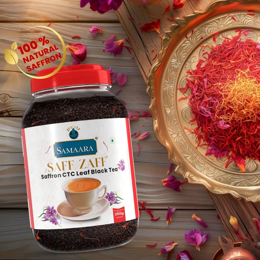 Jivvij Samaara Saffron Black Tea | Flavoured CTC Assam Black Leaf Tea | Kesar Chai Patti Powder | Saff Zaff Jar view 5
