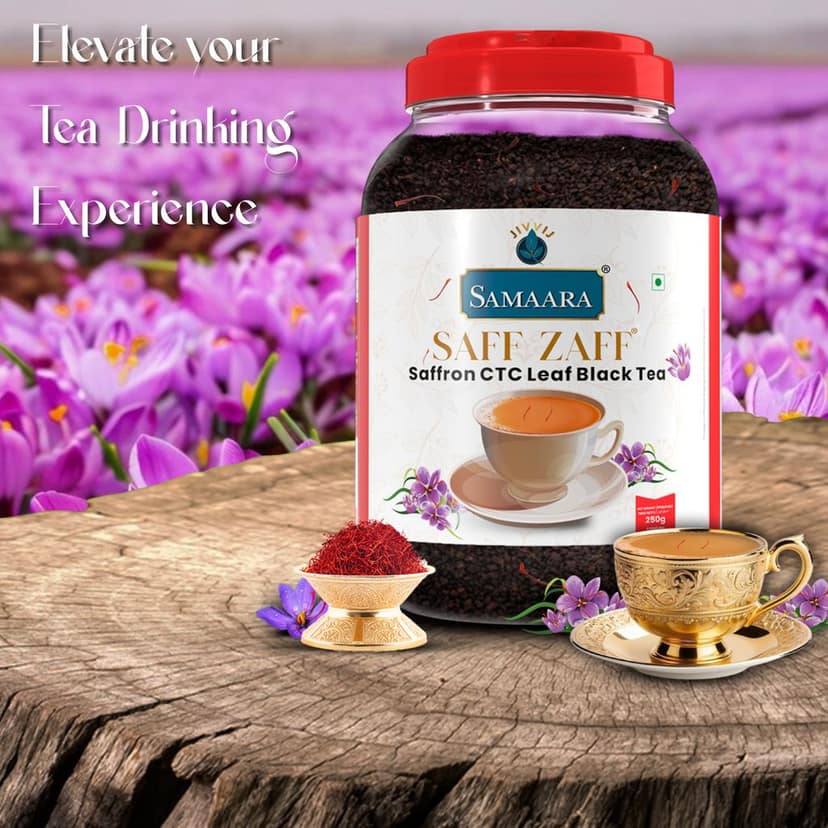Jivvij Samaara Saffron Black Tea | Flavoured CTC Assam Black Leaf Tea | Kesar Chai Patti Powder | Saff Zaff Jar view 7