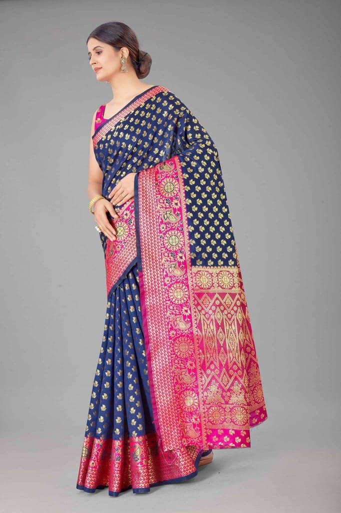 Women's Banarasi Silk Golden Zari Touch Woven Blue Saree view 2
