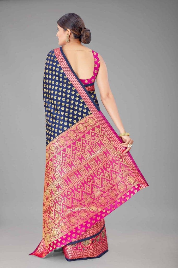 Women's Banarasi Silk Golden Zari Touch Woven Blue Saree view 3