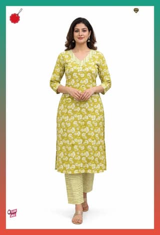 Women Mustard Floral Printed Kurti with Pant | Cotton Blend Ethnic Set | 3/4 Sleeve Daily Wear Kurta Set