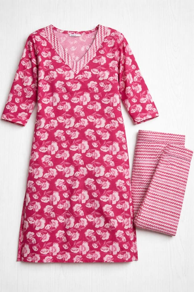 Women Mustard Floral Printed Kurti with Pant | Cotton Blend Ethnic Set | 3/4 Sleeve Daily Wear Kurta Set view 2
