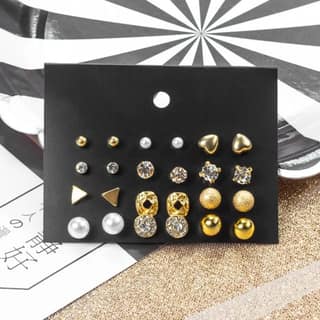 12 Pairs Gold Pearl Crystal Stud Earrings Set for Women & Girls - Versatile Fashion Jewelry