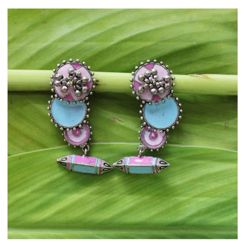 Handcrafted German Silver Pink and Sky Blue Oxidised Earrings By Garvi Gurjari view 2