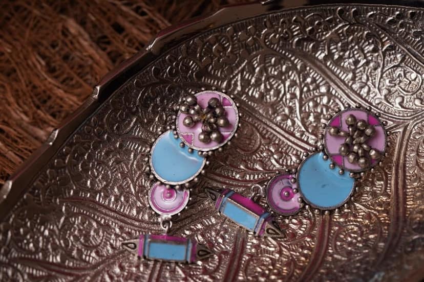 Handcrafted German Silver Pink and Sky Blue Oxidised Earrings By Garvi Gurjari view 4