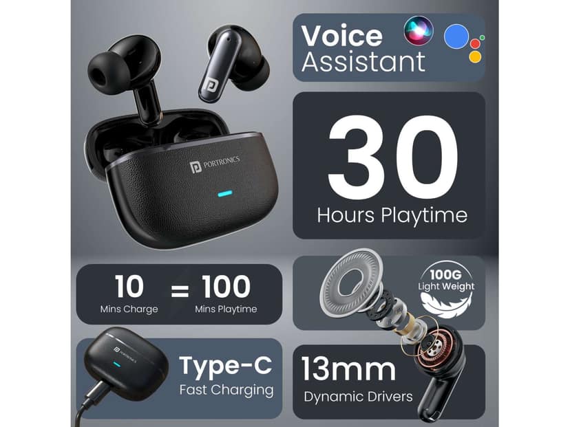 Portronics Twins One Plus Upto 30 Hour Playtime, Game & Music Mode, Bluetooth Version 6, Type C Fast Charging - Black view 3
