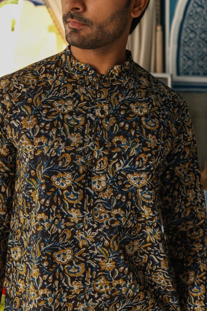 Cotton Designer Men'S Kurta Bagru Printed Hand Printed Black Color (Size: 38-44)-9087 view 2