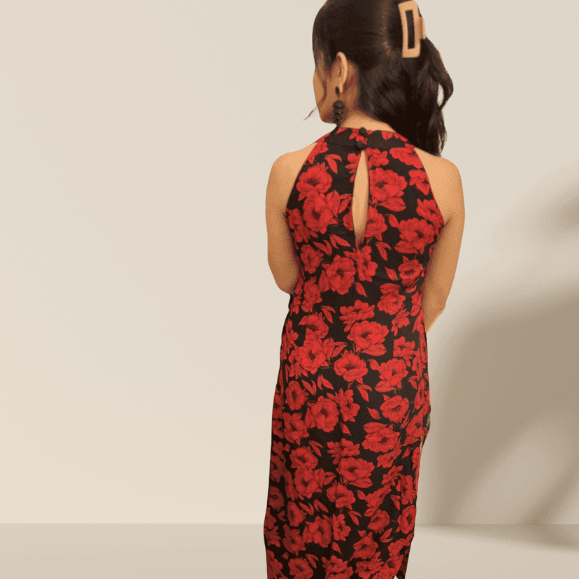 Red Black Rayon Halter Neck Kurta Set with Cigarette Pants – Sleeveless Co-ord Set for Women view 4