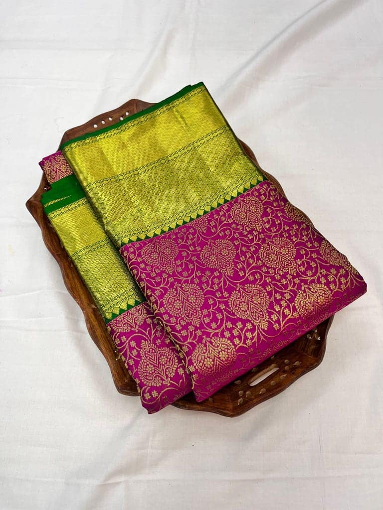 Hot Pink with Green Color Beautiful Floral Design Full Zari Woven Pure Kanjivaram Handloom Silk Saree view 2