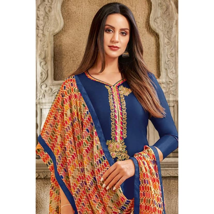 Chanderi Cotton Salwar Suit - Blue ( Unstitched ) view 2