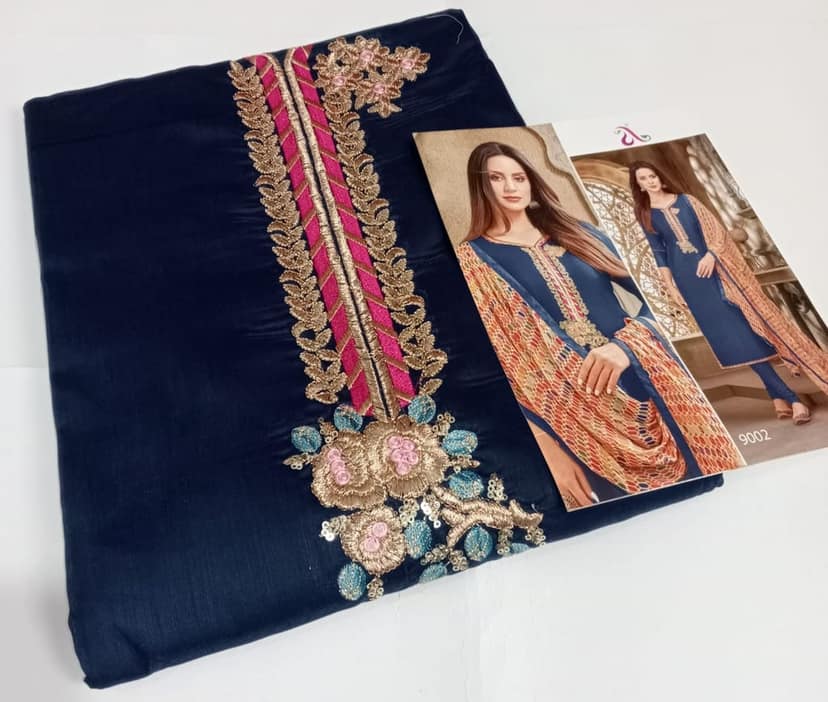 Chanderi Cotton Salwar Suit - Blue ( Unstitched ) view 3