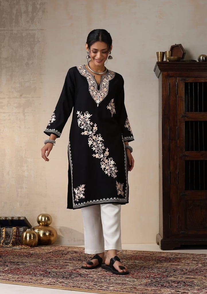 HOC Crafts Aari Embroidered Woollen Solid Women's Long Kurta - Black view 3