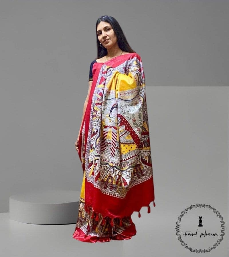 Beautiful Madhubani Digital Print Katan Silk Saree view 3