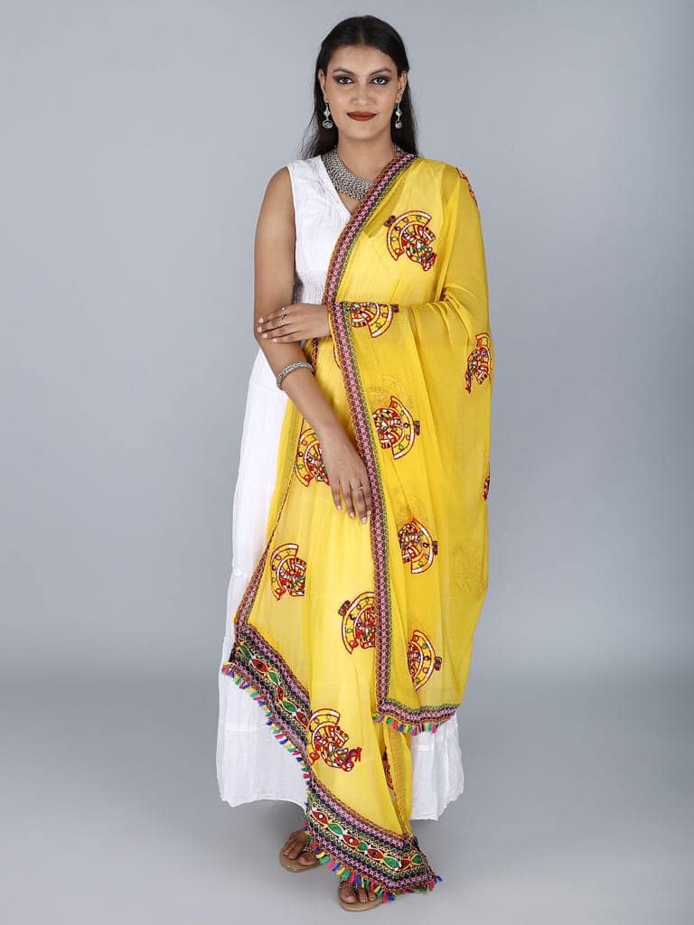 Yellow Phulkari Dupatta With Sequin Embroidered Dandiya Motif And Saori Lace On The Borders From Rajasthan view 2