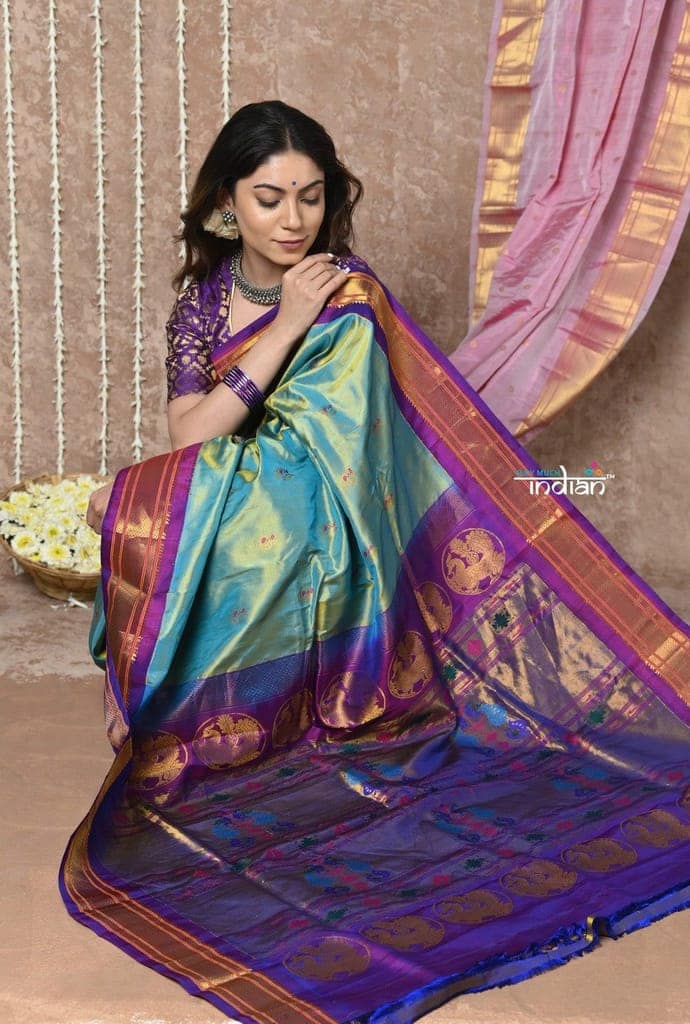 Tyohaar ~ Handloom Pure Silk Maharani Paithani Saree with Traditional Meenakari Buttis ~ Dual Tone Blue Green view 2