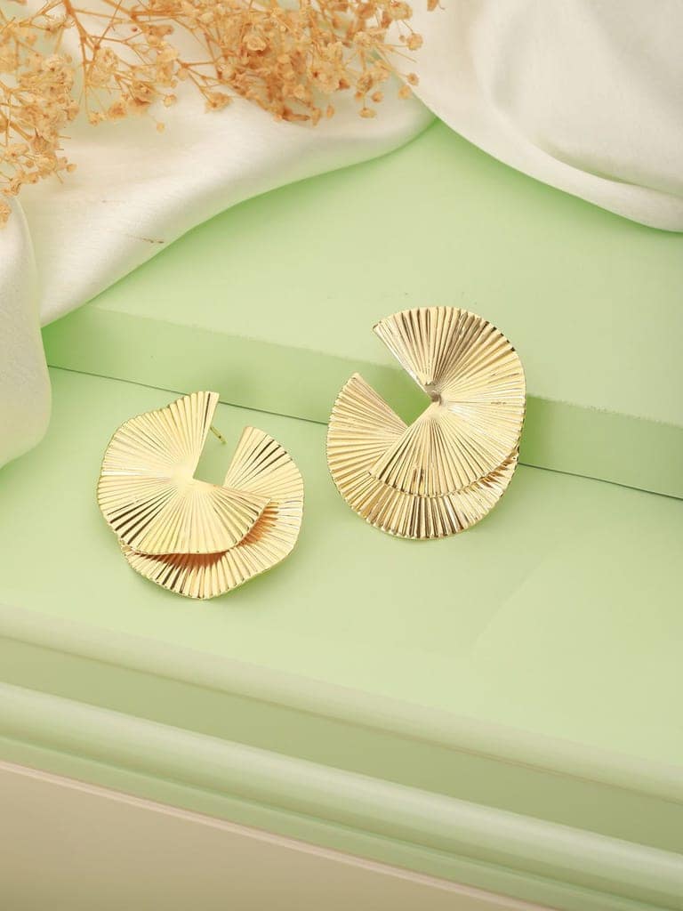 Anti-Tarnish Gold Plated Fan Shaped Disc Studds Earrings view 2