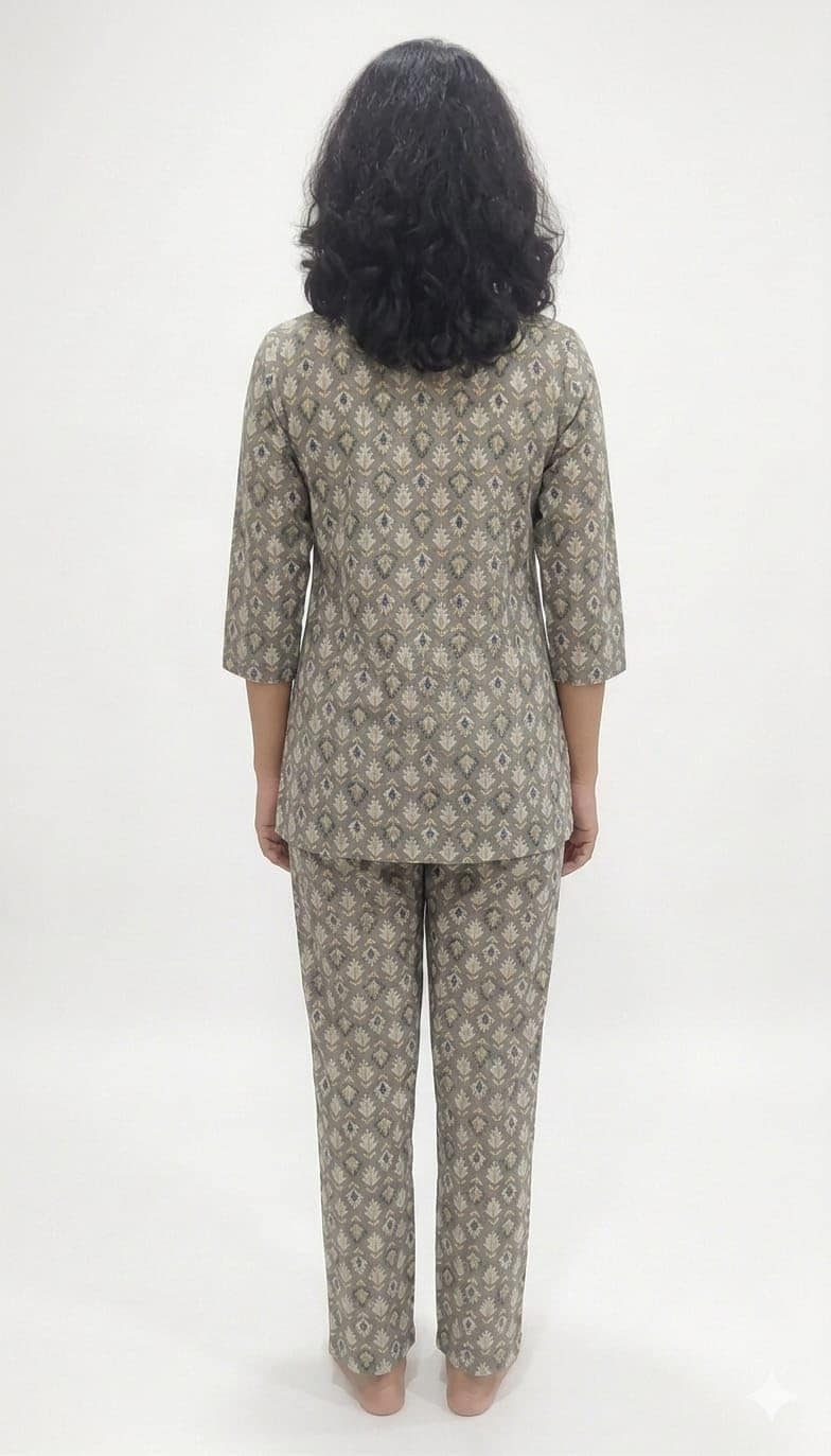 Mom and Me Women's Cotton Printed Co-ord Set, 3/4 Sleeve Kurta with Pyjama, Round Neck Nightwear, Available in Grey, Yellow, Green, Pink (Gray, XL) view 2