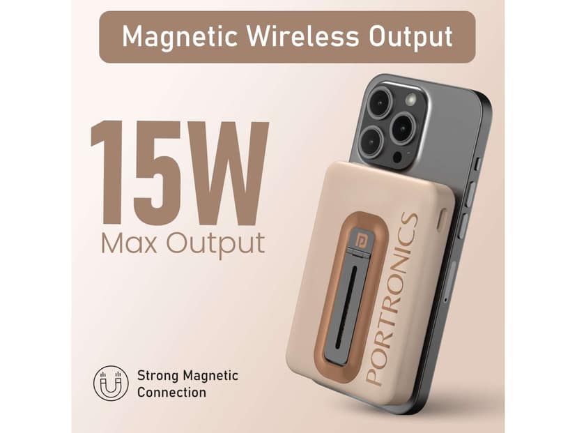 Portronics Revvo 15W Wireless Max Output, 22.5W Wired Output, 22.5W Wired Output, Mag Safe Mobile Stand - Mocha view 2