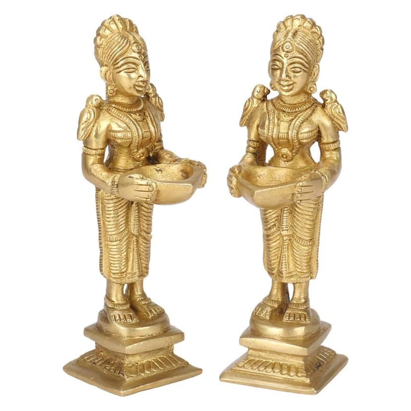 Artvarko Brass Paavai Vilakku Deep Laxmi Pair (2 Pcs) Diya Lady Holding Oil Diya Deepluxmi Deeplaxmi Height 5 Inches view 2