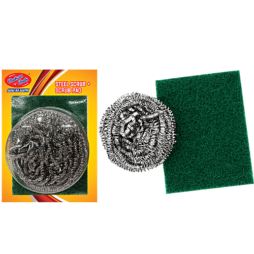 Chakaa Chak Steel Scrubber & Scrub Pad Combo - Long-Lasting, Removes Tough Stains, 25 g (Pack of 2)