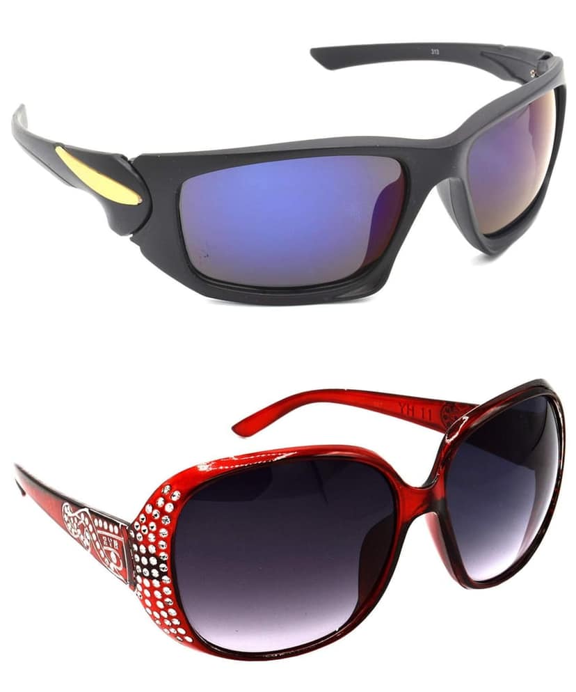 HRINKAR Unisex Sports Sunglasses Black & Silver Frame, Blue & Grey Lens (Medium) - Pack of 2
